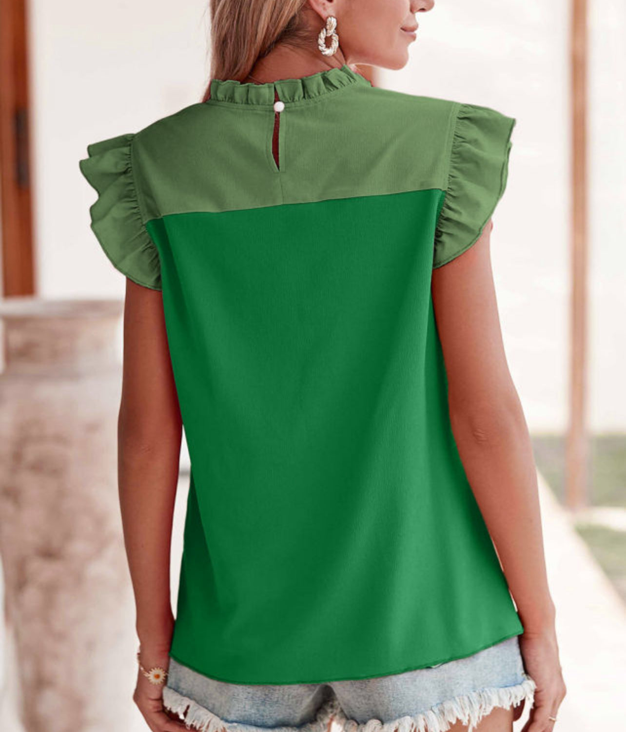 Green Flutter Sleeve Blouse